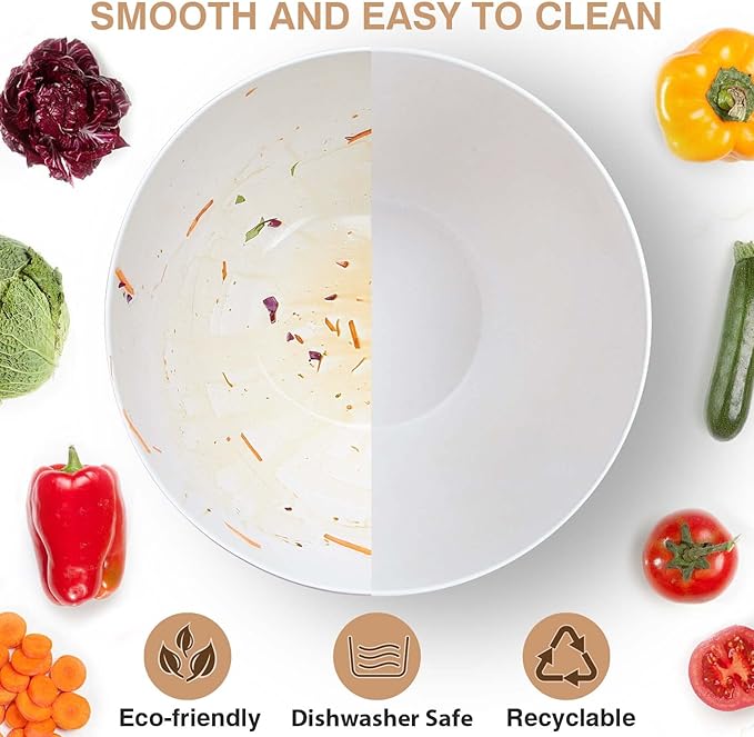 ECOHAGOU 11.3" Extra Large Salad Serving Bowl Set with Wooden Lid&Utensils, 6.5Qt., Bamboo Fiber Salad Bowl with Servers for Kitchen, Lightweight Big Bowl for Mixing Salad,Fruit,Pasta - Matte White