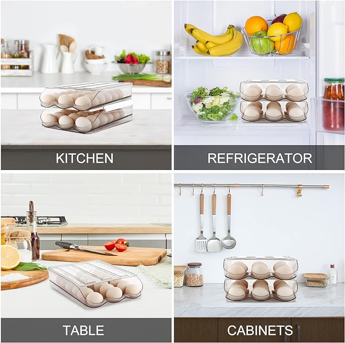 Egg Holder for Fridge, Automatically Rolling Egg Storage Container for Refrigerator,Large Capacity Egg Organizer for Fridge with Lid,Clear Plastic Dispenser, Tray & Bin -1 Layer