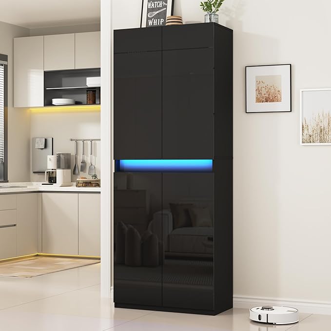 Furnify 71" Tall Pantry Storage Cabinet, Kitchen Pantry with High Gloss Doors, Modern Buffet Hutch Cabinet with Led Light and Adjustable Shelves for Dining Room, Living Room, Black