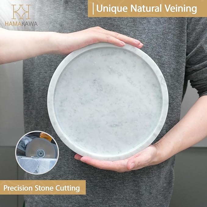 HAMAKAWA Natural Marble Bathroom Vanity Tray, Large Round Sink Tray 9.5 inch, Carrara White Limestone Dresser Tray, Modern Countertop Organizer for Soap Dispenser, Kitchen Counter, Home Decor