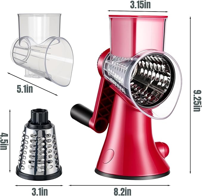 Rotary Cheese Grater with Handle - 3 in 1 Vegetable Slicer Shredder, Kitchen Mandoline with 3 Premium Stainless Steel Blades & Strong Suction Base, Easy Clean Food Chopper for Cheese Vegetables Fruits