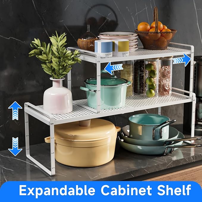 KIKIBRO Expandable Cabinet Shelf Organizers, Kitchen Small Stand Rack Organization for Countertop Cupborad Pantry, White 1 Pack