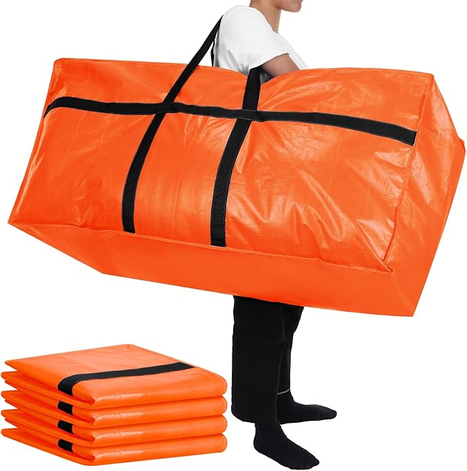 Windyun 4 Pack 57 Gallon Extra Large Moving Bags XXL Heavy Duty Storage Bag with Strong Zipper Handle Jumbo Big Tote Box Foldable for College Dorm Travel Clothes Duffle Blanket Pillow(Orange)