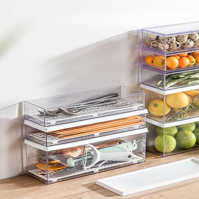 Hanobe Pasta Containers for Pantry Large Spaghetti & Noodle & Lasagna Canister 2 Pcs Clear Grey Rectangular Canister with Lock Lids Durable BPA-Free Plastic Food Keeper for Fridge Kitchen Cabinet