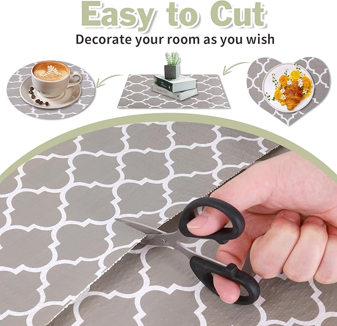 Drawer and Shelf Liner for Kitchen Cabinet: 12 in X 20 Ft Non Slip Waterproof Shelf Paper Non Adhesive Refrigerator Liners Gray Quatrefoil Easy Liners for Bathroom Cupboard with Knife Tape Measure