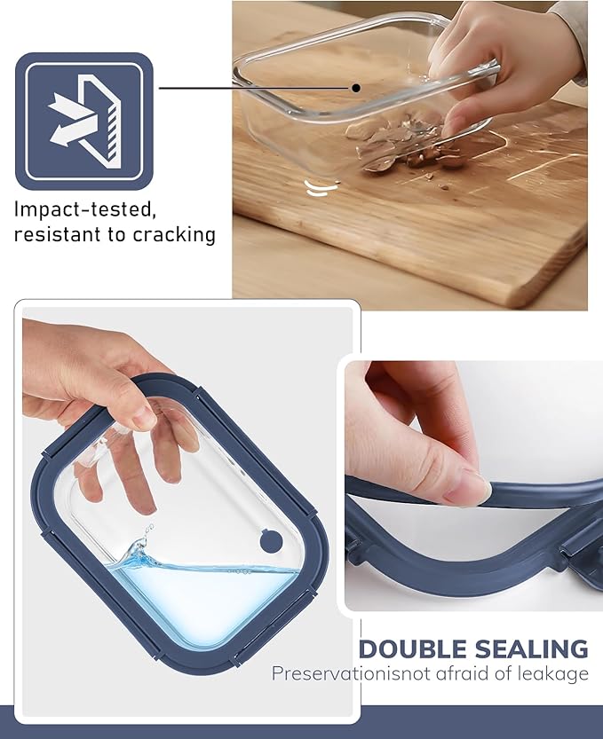 BOROHOUSE 2-Pack Glass Food Storage Containers with Tempered Lids (21.3oz/2.7cup) - Airtight Snap Lock, Microwave & Oven Safe (-4℉~ 950°F), Freezer to Baking Dish, BPA-Free, Gift Box (Blue)