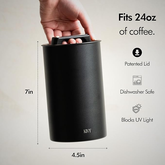 KIVY Vacuum Coffee Canister - Push Lid Preserves Coffee Aroma & Oil - Stainless Steel Airtight Coffee Canister - Removes Excess Air