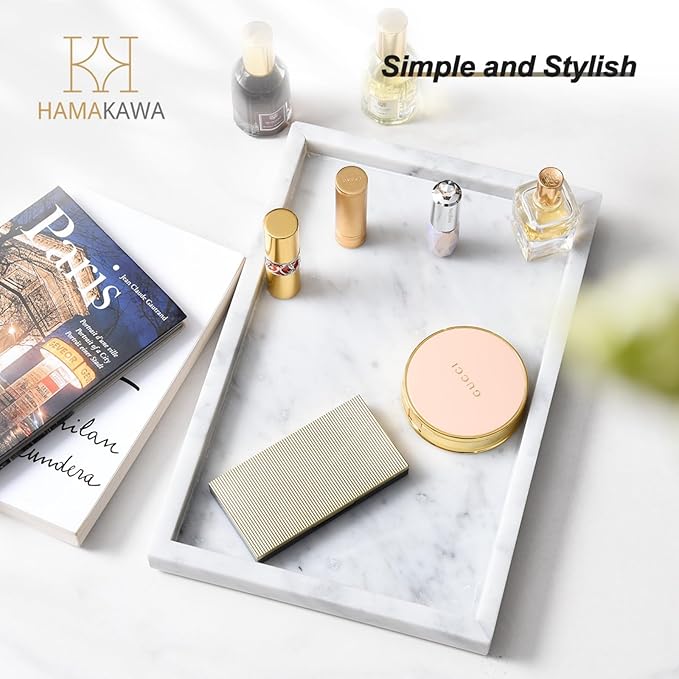 HAMAKAWA Large Bathroom Vanity Tray, Real Natural Marble Sink Tray 12 inch, Carrara White Stone Toilet Tank Trays, Modern Dresser Trays, Countertop Organizer for Kitchen Counter, Soap Dispenser