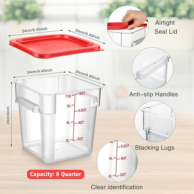 Suclain 2 Pcs Square Food Storage Container Polycarbonate Clear Food Container with Lid Commercial Rice Storage with Graduations for Commercial Kitchen(8 Qt,Red)
