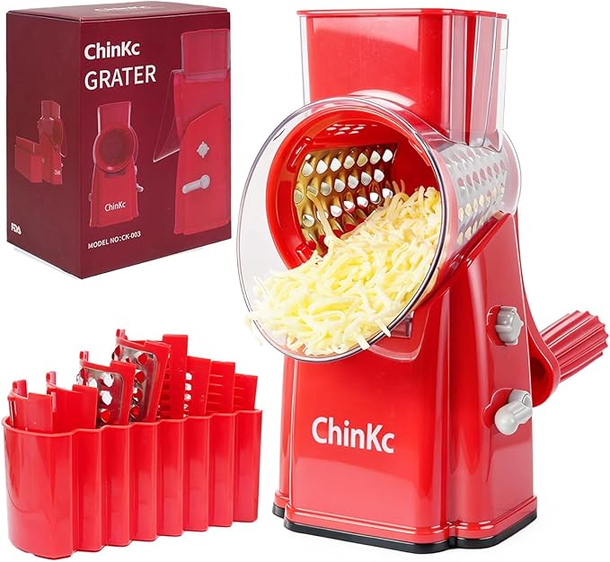 ChinKc Upgrade Rotary Cheese Grater Shredder with Handle, Strong Suction Base, Multi-purpose Rotary Grater Slicer with 5 Interchangeable Blades for Ice, Vegetables, Fruit, Nuts with Blade Storage Box