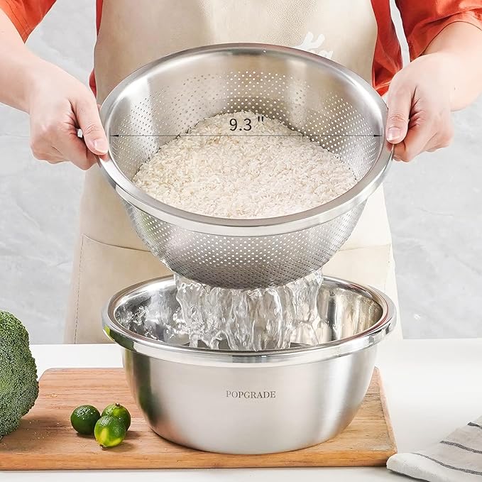 POPGRADE 304 Stainless Steel Colander 4QT Microporous Colander & Large Bowl for Kitchen,Rice Strainer with Salad Mixing Bowl for Pasta Straining,Fruit Washing,Vegetable Draining,Food Mixing(2PCs)