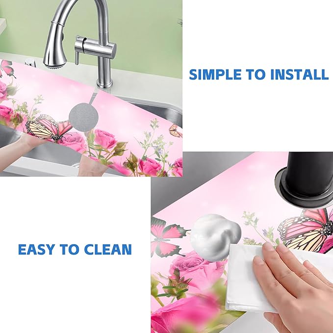 Pink Rose Bouquet Butterfly Kitchen Sink Splash Guard Mat Absorbent Fast Drying Mat Faucet Draining Mat Sink Splash Guard Behind Faucet Drip Catcher for Kitchen Bathroom 5.5"×24"