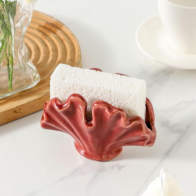 Ceramic Sponge Holder,Sponge Holder for Kitchen Sink,Compact Sink Caddy Organizer, Dish Sponge Holders,Farmhouse Kitchens Decor Cute Gadgets Accessories,Christmas Kitchen Decor(Red)