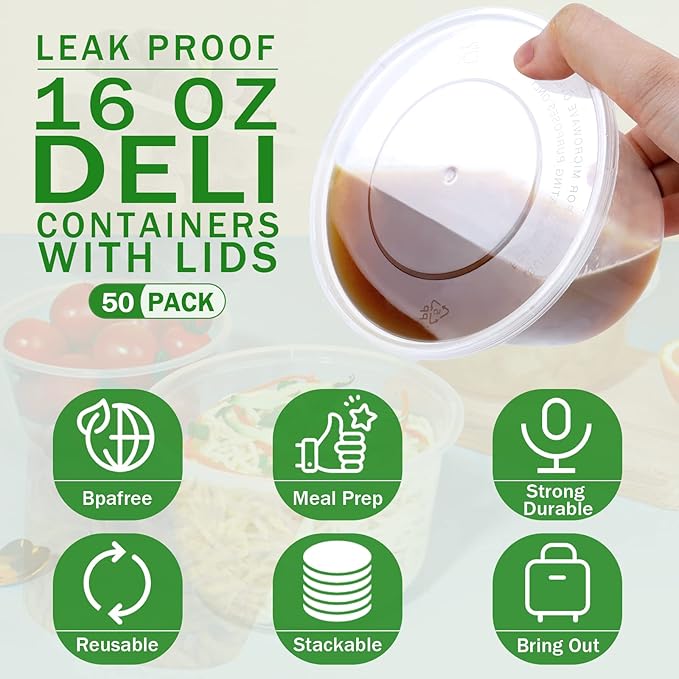 WEWBABY 16 OZ [50 Set] Plastic Deli Food Storage Containers with Leak-Proof Airtight Lids BPA Free Disposable Togo Clear Containers for Soups, Heavy-Duty Ice Cream Microwave Dishwasher Freezer Safe