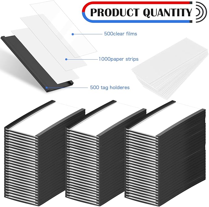500 Pieces Magnetic Data Card Holders Channel Magnetic Label Holders Labels Racks with Magnets with 500 Protective Films and 1000 Replacement Strips for Metal Racks Shelf Bin (1 x 2 Inch)