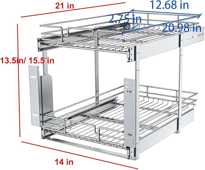 2 Tier Pull Out Cabinet Organizer, 14" W x 21" D Heavy-Duty Metal Sliding Drawer Shelf for Kitchen Cabinets, Chrome, Doesn't Include Door Fittings
