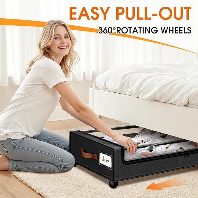 Under Bed Storage with Wheels 1Pack Storage Containers with Clear Window&Label Under Bed Drawers Rolling Under Bed Storage for Clothes,Shoes, Blankets (30.71 x 16.93 x 6.69 in, Black)