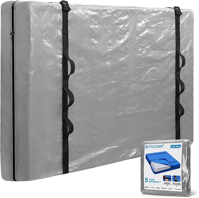 TICONN Mattress Bags for Moving, Heavy Duty Cali King Mattress Cover Storage Bag with Full-Around Handle and Adjustable Buckles (Gray, Cali King)