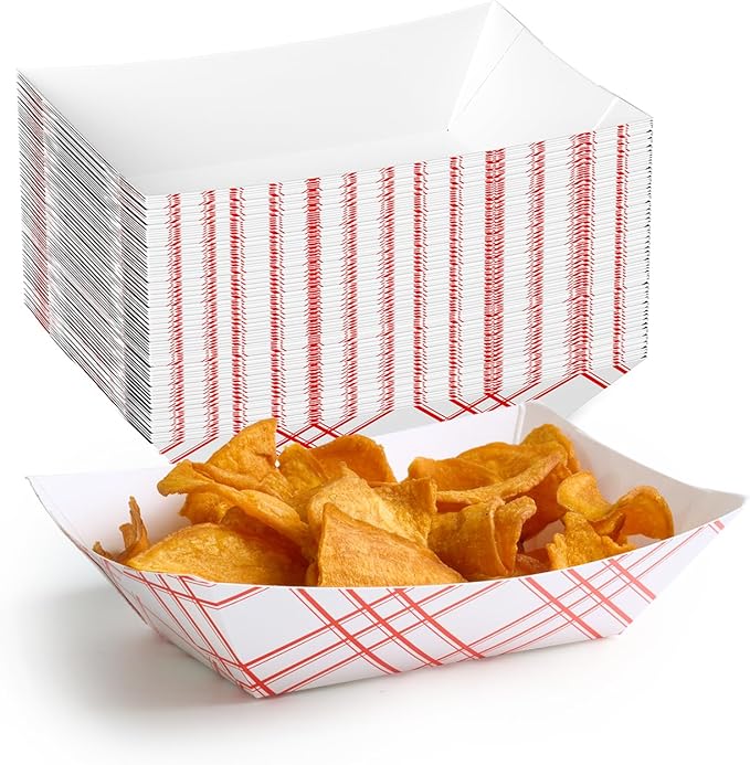ECOLipak 100 Pack 2lb Paper Food Tray Red, Disposable Paper Food Boats, Food Holder Trays, Serving Boats for Taco Snack Nacho Hot Dog