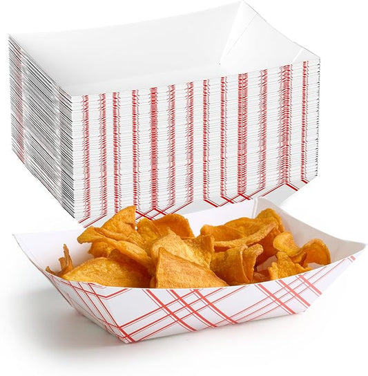 ECOLipak 100 Pack 2lb Paper Food Tray Red, Disposable Paper Food Boats, Food Holder Trays, Serving Boats for Taco Snack Nacho Hot Dog