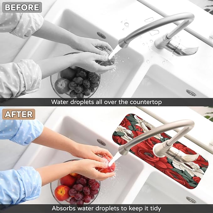 Red And White Roses Kitchen Faucet Mat Splash Guard, 15.4”x5.7” Absorbent Quick Drying Sink Mat for Countertop Protection, Draining Mat Sink Protectors For Kitchen Bathroom, 1 Pack