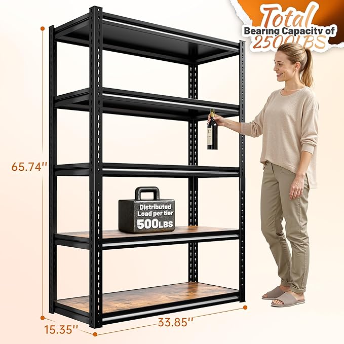 REIBII 5 Tier Storage Shelves, 2500LBS Adjustable Garage Shelving Unit, Metal Shelves for Pantry, Garage, Kitchen, Warehouse, Black, 65.74" H x 33.85" W x 15.35" D
