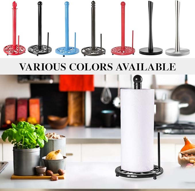 JOGREFUL Paper Towel Holder Stand, Cast Iron Kitchen Paper Towel Countertop Vintage Stand with Weighted-Base, Bathroom Organization for Family Standard Large Size Roll Paper, Classic Style, Black