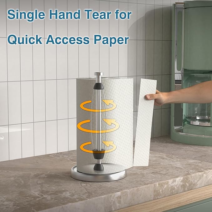 Paper Towel Holder Countertop, One-Handed Tear, Stainless Steel, Weighted Base, Silver, Paper Towel Roll Holder Stand with Ratchet Mechanism for Kitchen Bathroom Farmhouse Essentials Decor Accessories