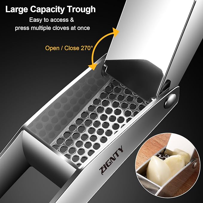 ZIGNTY Garlic Press Stainless Steel, Professional Mincer No Need to Peel, Large Trough Presser Ergonomic Handle Easy Squeeze, Ginger Crusher & Masher Dishwasher Safe Rust Proof