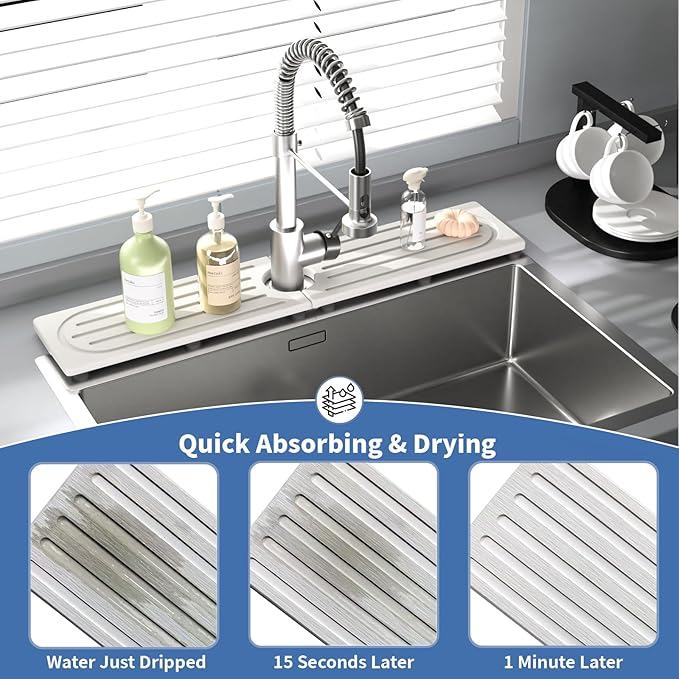 Stone Faucet Mat for Kitchen Sink, Water Absorbing Sink Water Splash Guard, Fast-Drying Kitchen Sink Faucet Mat, Durable Protector and Stone Drying Mat for Kitchen Counter & Bathroom Sink