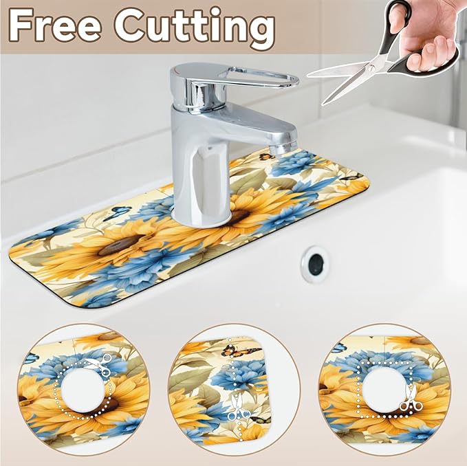 Sunflower Blue Bloom Kitchen Faucet Mat Splash Guard, 15.4”x5.7” Absorbent Quick Drying Sink Mat for Countertop Protection, Draining Mat Sink Protectors For Kitchen Bathroom, 2 Pack