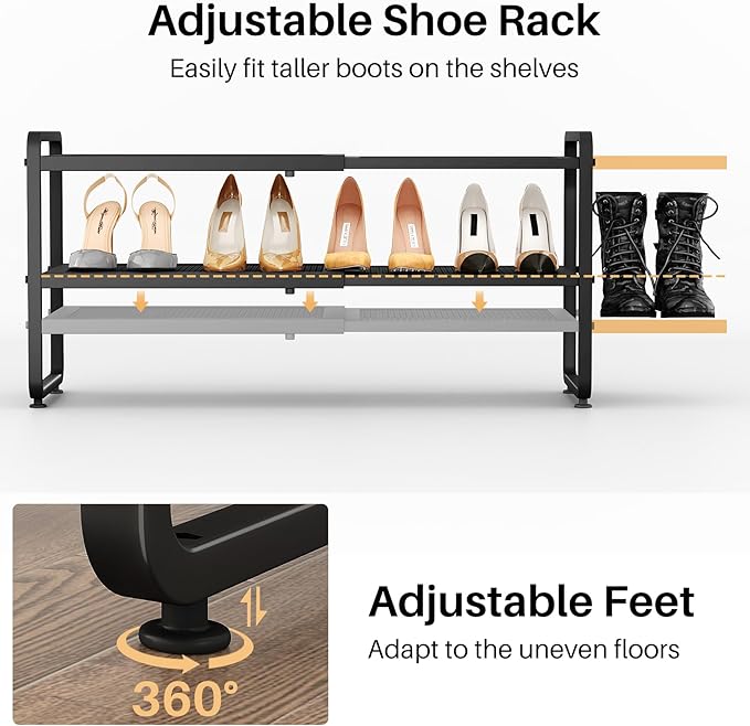 SNTD Shoe Rack - Expandable Shoe Organizer for Closet, Adjustable Metal Shoe Shelf Storage, Stackable Long Shoe Stand Holder for Garage, Entryway, Door Entrance (Black, 2-Tier)