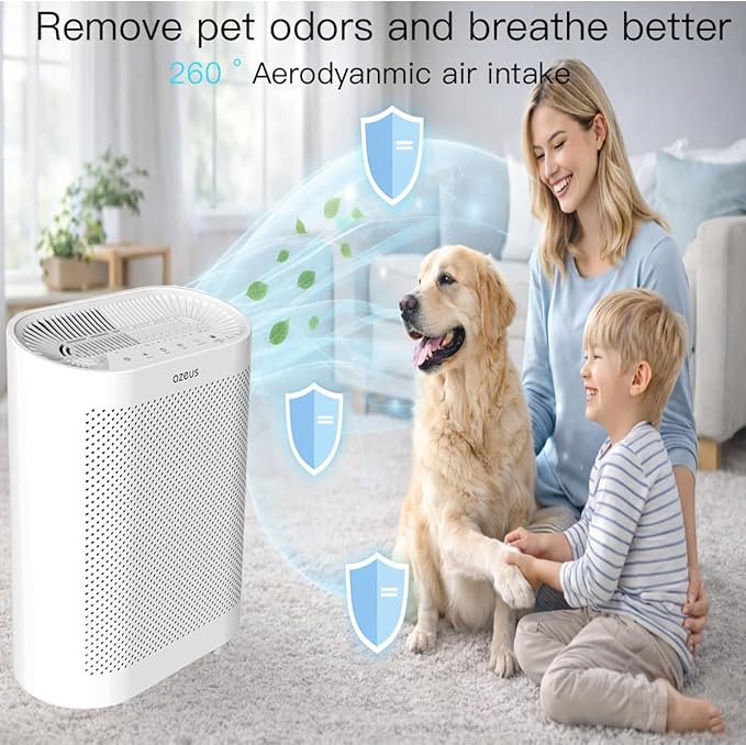 Azeus FS32 True HEPA Air Purifier for Large Rooms, White, High CADR 400m³/h, Smoke Dust Pet Dander Removal, Auto Mode with Air Quality Sensor