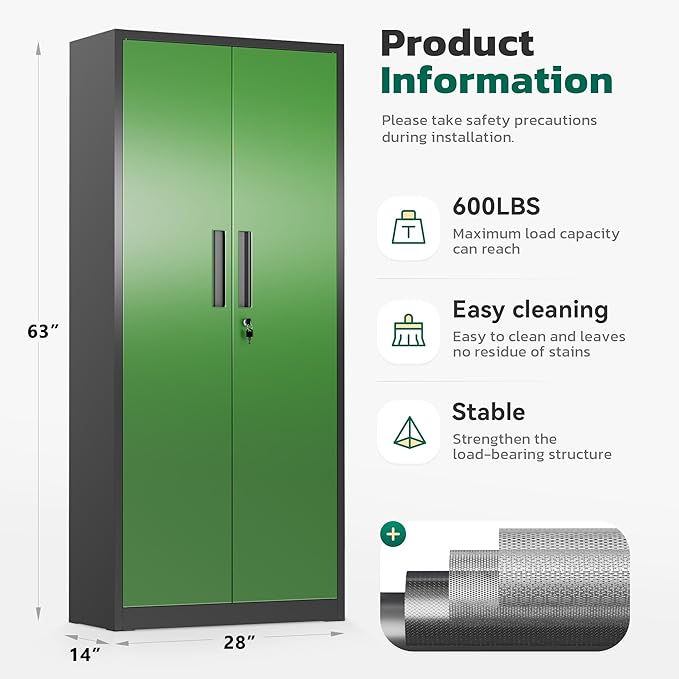 Greenvelly Metal Cabinet, 63”Tall Kitchen Pantry Storage Cabinets with 2 Lock Doors and 4 Adjustable Shelves,Black Green Kitchen Cabinet Storage for Dinning Room,Garage,Office