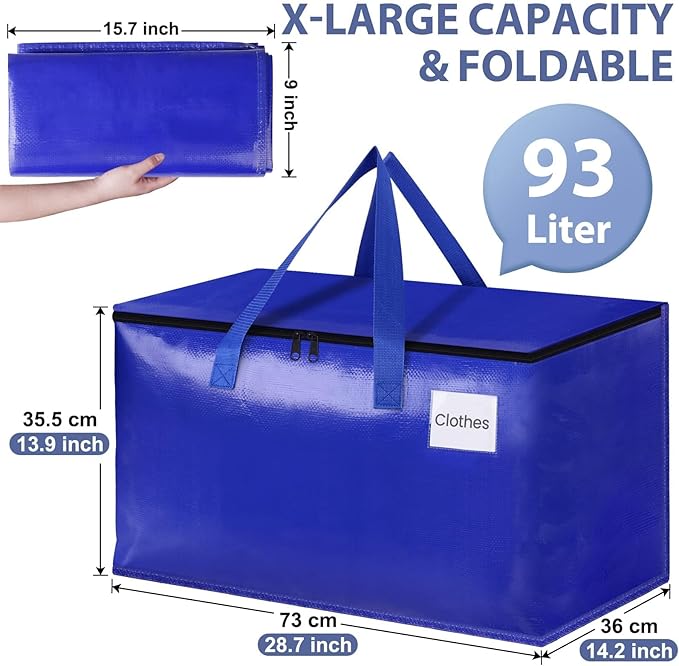 StorageRight Heavy Duty Moving Boxes-Moving Bags with Zipper, Reinforced Handles and Tag Pocket-Collapsible Moving Supplies-Totes for Storage Great for moving, Storage and Travel 93L(Blue-8 Pack)
