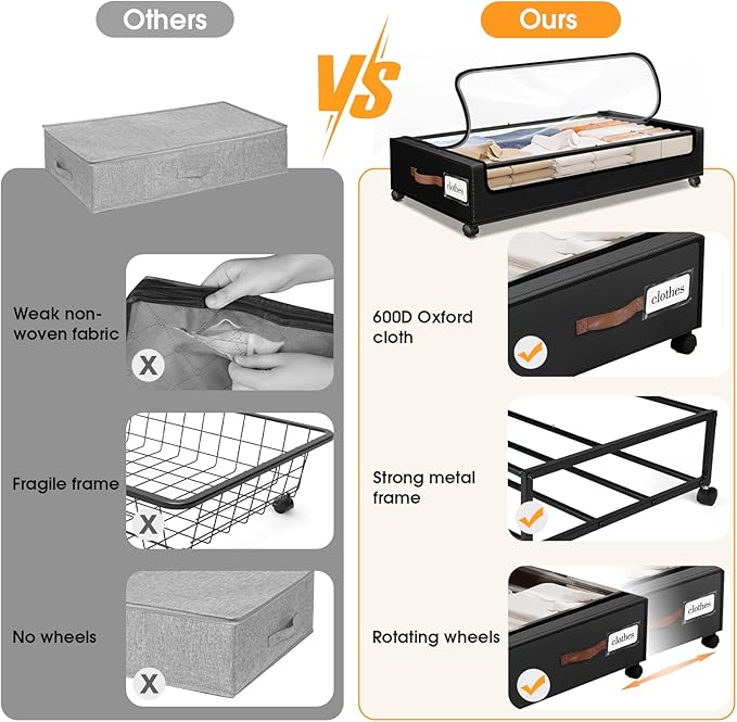 Under Bed Storage with Wheels 1Pack Storage Containers with Clear Window&Label Under Bed Drawers Rolling Under Bed Storage for Clothes,Shoes, Blankets (30.71 x 16.93 x 6.69 in, Black)
