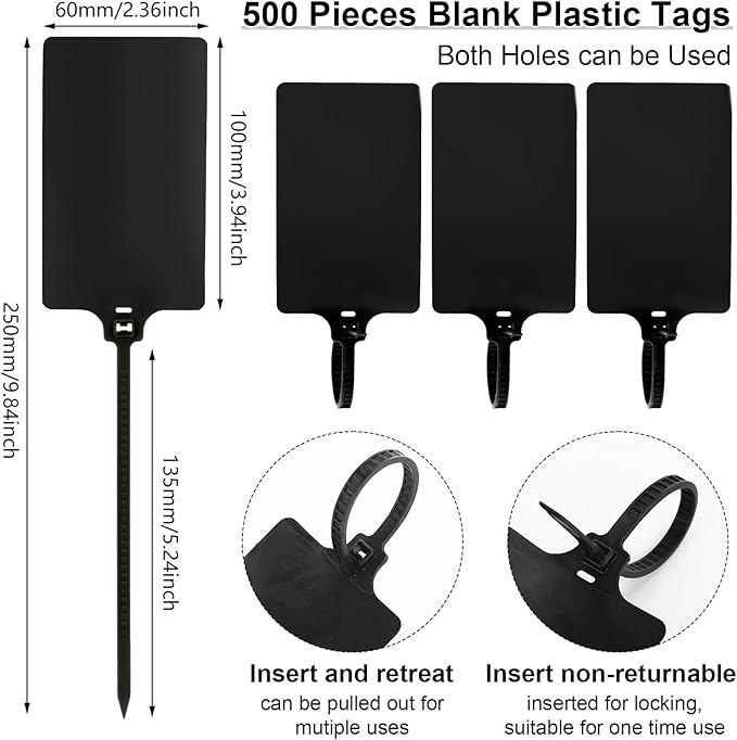 Chunful 500 Pcs Blank Plastic Tags Shipping Tags 3.94"x 2.36" Waterproof Sealing Shipping Labels Bulk Writable Hanging Tag Ties Sealing Strap Reusable Mark Labels for Keys Luggage Logistic(Black)