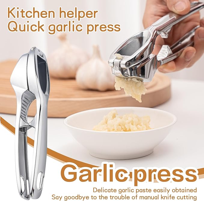 Huakai Kitchen Premium Garlic Press - Zinc Alloy Garlic Press effortlessly crushes garlic cloves, ginger chunks, nuts, and seeds. Comfortable to use and dishwasher safe.