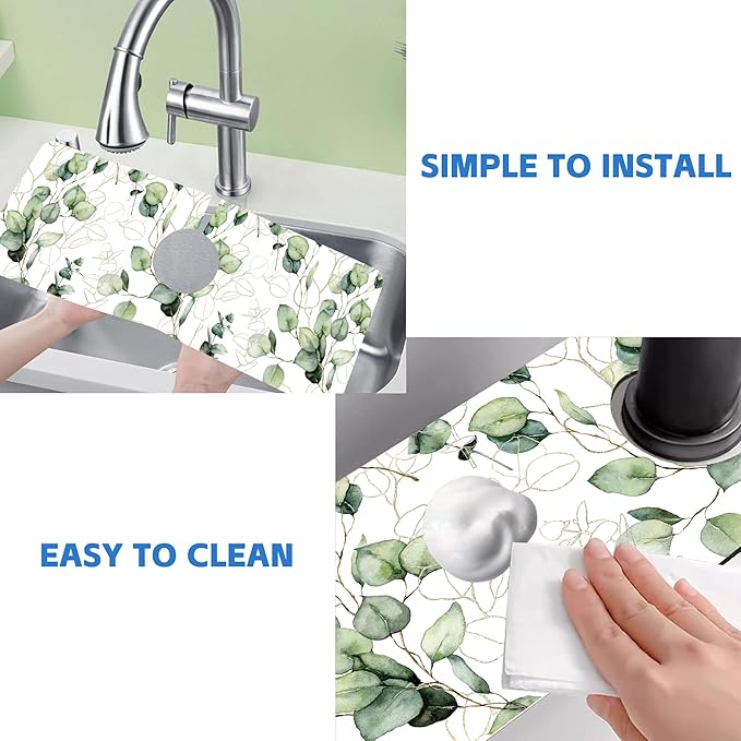 Watercolor Gold Eucalyptus Branch Dish Drying Mat for Kitchen Sink Splash Guard Behind Faucet Sink Mat Absorbent Fast Drying Faucet Draining Mat for Bathroom Kitchen 5.5"×15"