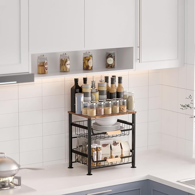 Fruit Vegetable Basket for Kitchen,3 Tier Pantry Organizer with Wheels,Snack cart with Wood Top,Metal Wire Storage Basket Organizer Baskets for Kitchen, Pantry, Bathroom