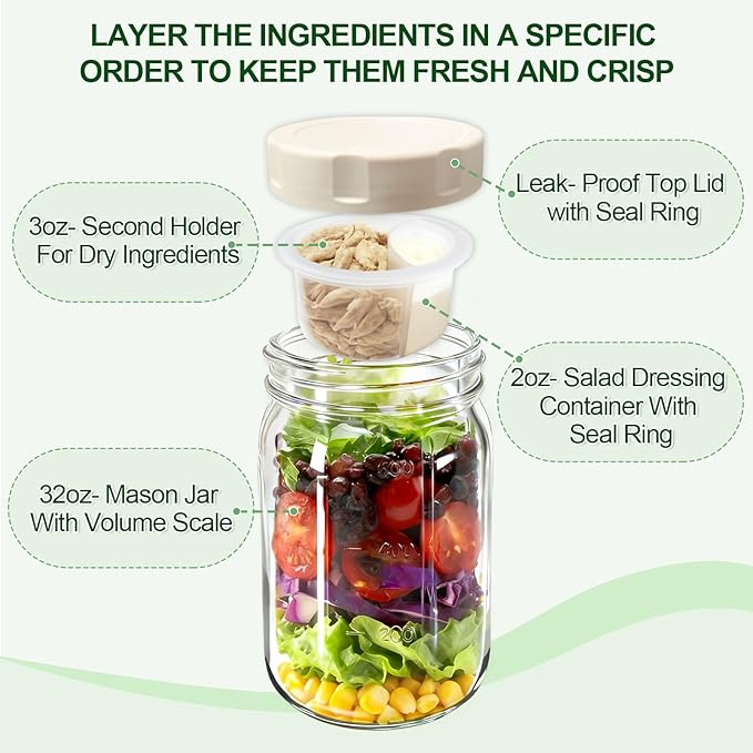 4 Pack Glass Salad Jars with Lids,32oz Mason Jars for Meal Prep,Leakproof Lunch Container with Two Small Built-in Boxes for Wet/Dry Separation of Salad Dressing and Dry Ingredients ( Apricot White)