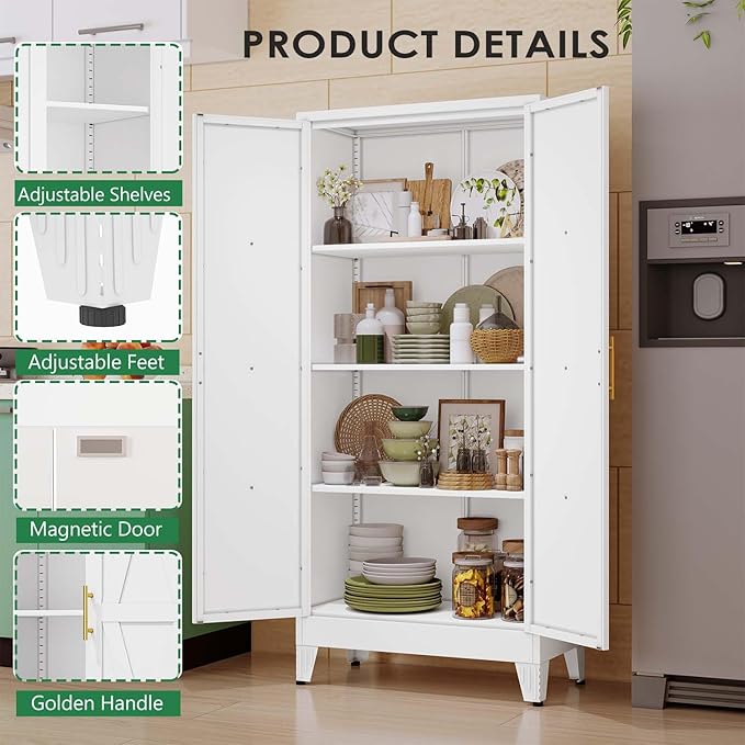 61" Kitchen Pantry Cabinet, Metal Storage Cabinet with 2 Doors and 3 Adjustable Shelves, White Food Pantry Cupboard for Kitchen, Dining Room, Living Room and Bathroom (White)