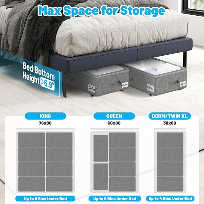 Under Bed Storage with Wheels, 2-Pack 6.7" Height XL 50L Rolling Storage Bins, Quick Assembly Underbed Shoe Storage Containers with Clear Lid & Label, Dorm Under bed Drawers for Clothes, Shoes, Grey