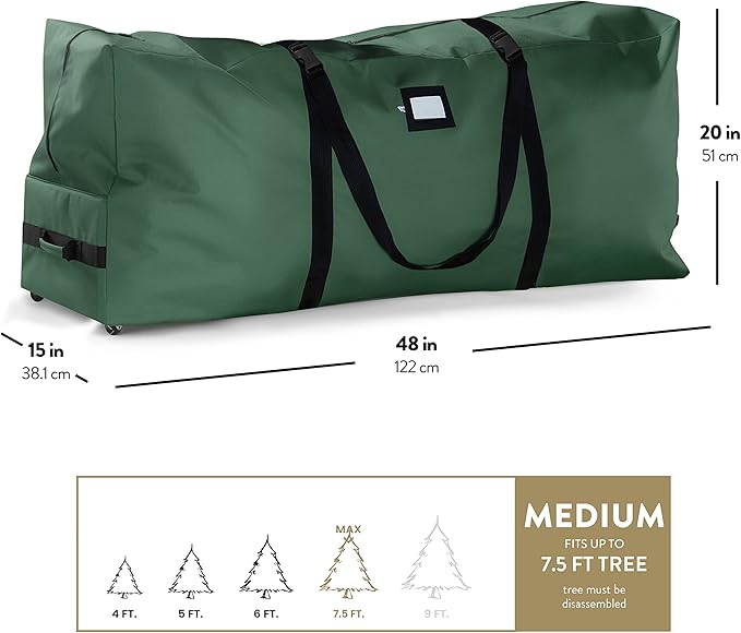ZOBER 600D Oxford Fabric Rolling Christmas Tree Storage Bag - Fits 7.5 Ft Artificial Trees - Waterproof Christmas Tree Bag For Storage Box For Xmas, Durable Handles and Wheels - Card Slot - Green