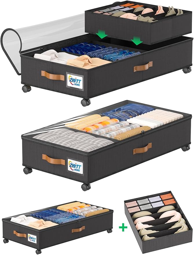 Under Bed Storage with Wheels, 2-Pack 58L Under the Bed Storage Containers with Lids, 1-Pack 15L Box, Organizer Bins Rolling Underbed Storage for Clothes, Underwear, Socks, Shoes - Delicate