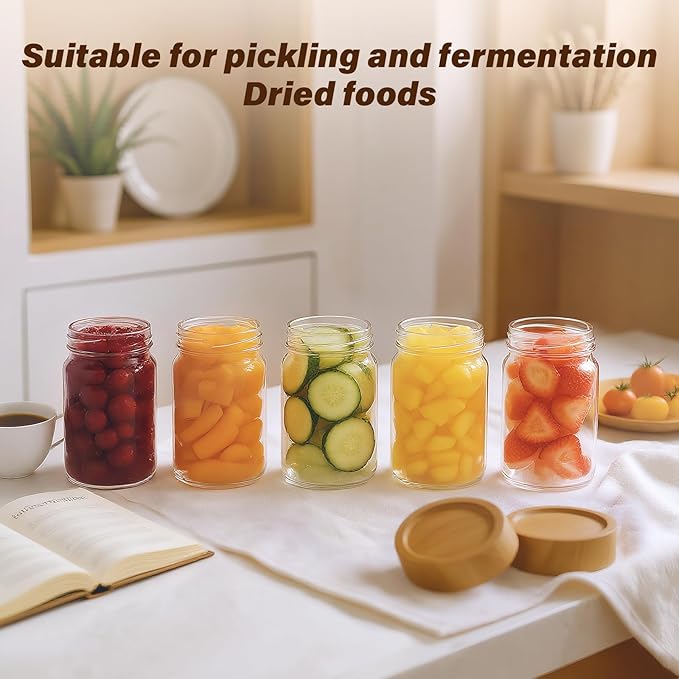 6pc 8oz Glass Mason Jars with Acacia Wood Airtight Lids - Food Storage Container Set, Clear Stackable Leakproof Kitchen Canisters for Meal Prep/Snack Organization/Spice Storage