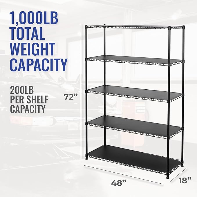 SafeRacks - NSF Certified Storage Shelves, Zinc, Heavy Duty Steel Wire Unit with Adjustable Feet, Garage or Bakers Rack, Kitchen, Pantry Shelf - (48"x18"x72" 5-Tier) (Black)