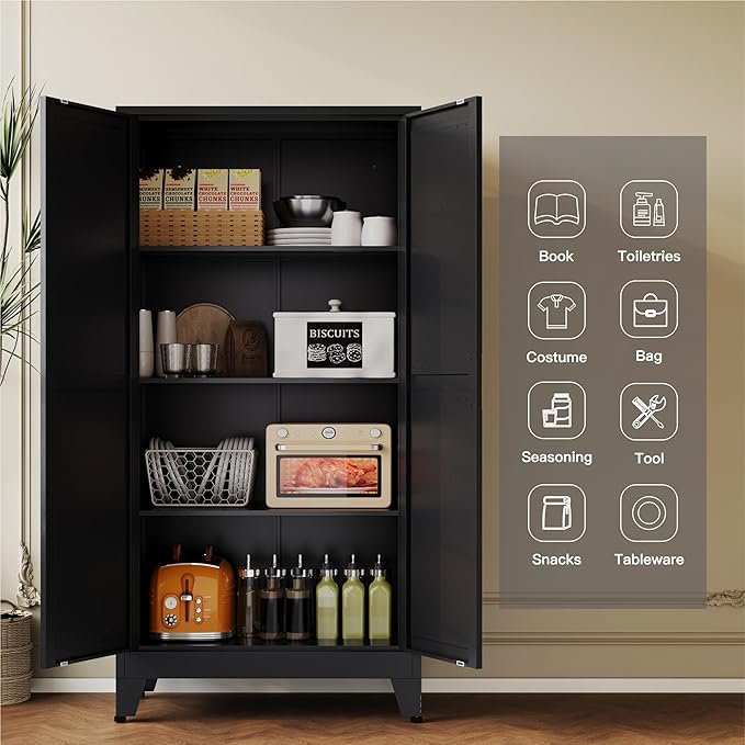 YAUWOH 61''Metal Cabinet with 3 Adjustable Shelves,4-Tier Pantry Storage Cabinet,Kitchen Pantry Cabinet for Living Room,Dining Room, Black