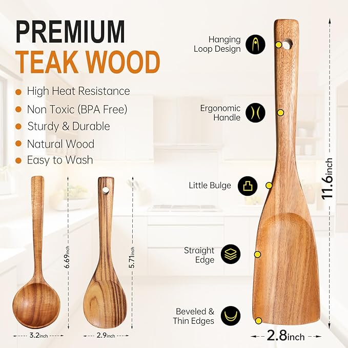 Wooden Spoons for Cooking, Wooden Cooking Utensils Set of 3 including Cooking Spoon, Rice Scooper, Soup Spoon Ladle - Nonstick Cookwares, BPA-Free, Heat Resistant Teak Wood Spoons for Kitchen Use
