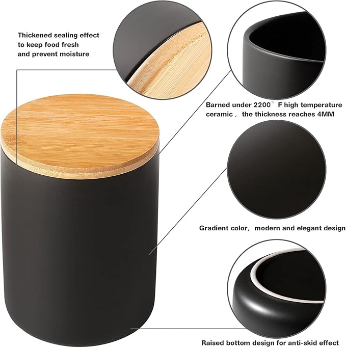 Yangbaga Black Canisters for Kitchen-Kitchen Canisters for Countertop with Airtight Wood Lids/Spoons/Stickers,Ceramic Kitchen Storage Containers for Large Flour,Suger,Coffee（32 OZ